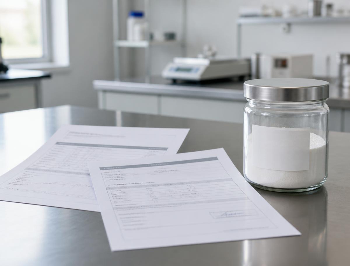 Laboratory desk with glassware and papers